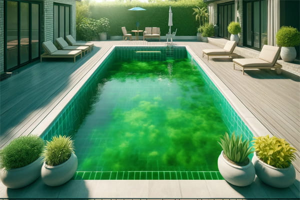 The swimming pool is covered with green algae